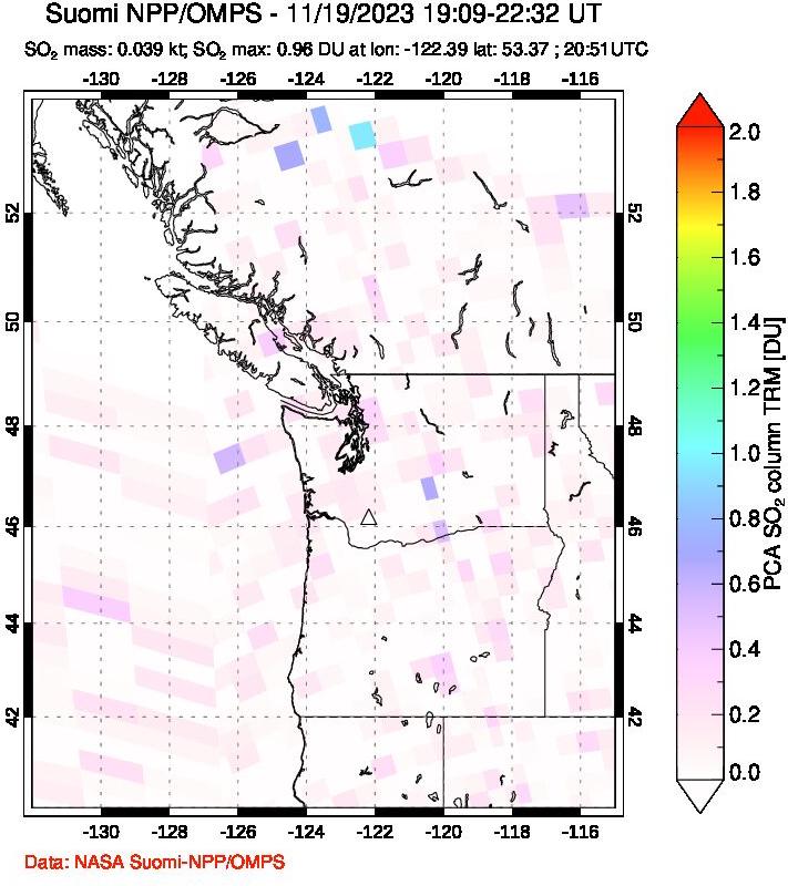 A sulfur dioxide image over Cascade Range, USA on Nov 19, 2023.