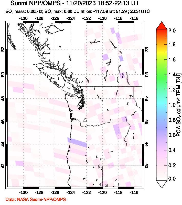 A sulfur dioxide image over Cascade Range, USA on Nov 20, 2023.