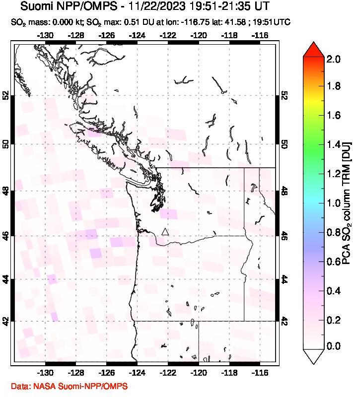 A sulfur dioxide image over Cascade Range, USA on Nov 22, 2023.