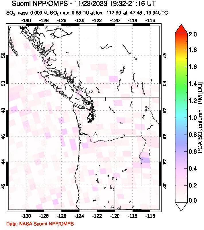 A sulfur dioxide image over Cascade Range, USA on Nov 23, 2023.