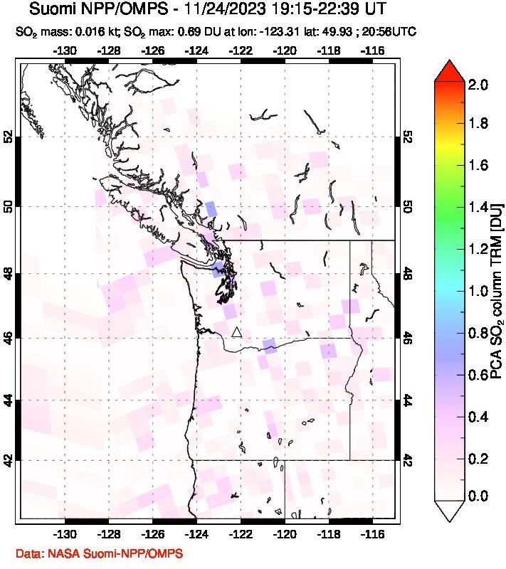 A sulfur dioxide image over Cascade Range, USA on Nov 24, 2023.