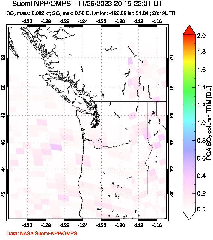 A sulfur dioxide image over Cascade Range, USA on Nov 26, 2023.