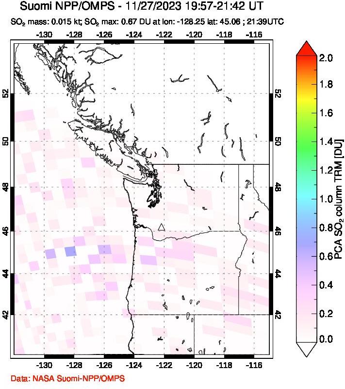 A sulfur dioxide image over Cascade Range, USA on Nov 27, 2023.