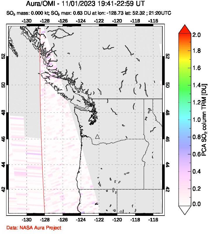 A sulfur dioxide image over Cascade Range, USA on Nov 01, 2023.