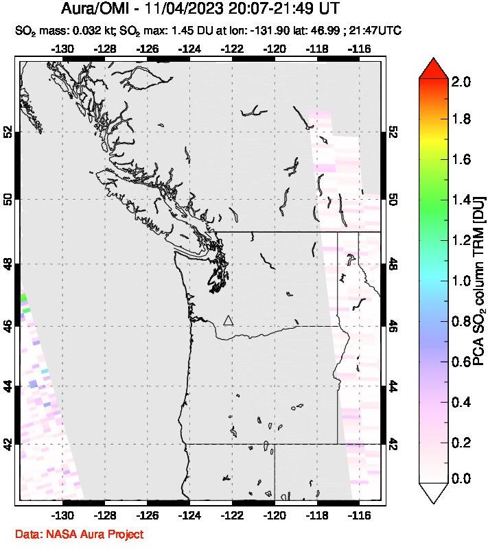 A sulfur dioxide image over Cascade Range, USA on Nov 04, 2023.