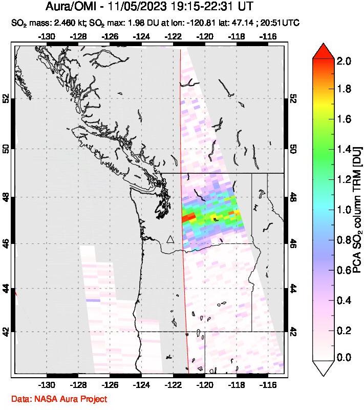 A sulfur dioxide image over Cascade Range, USA on Nov 05, 2023.