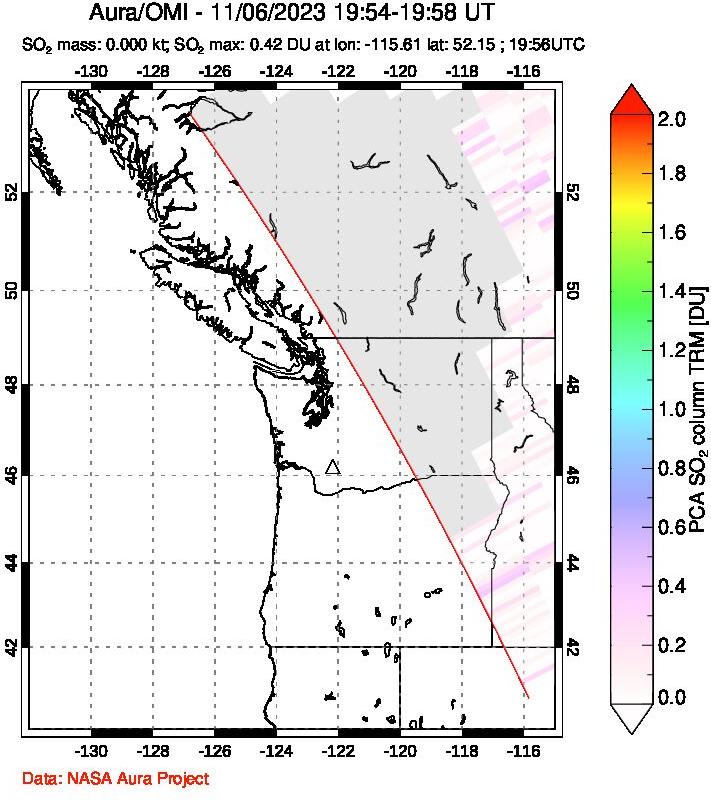 A sulfur dioxide image over Cascade Range, USA on Nov 06, 2023.