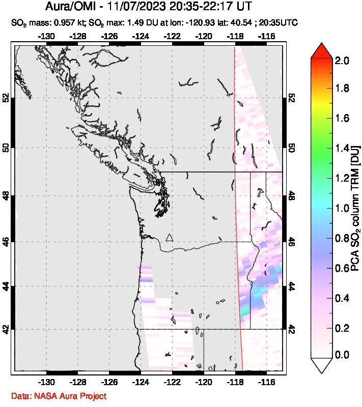 A sulfur dioxide image over Cascade Range, USA on Nov 07, 2023.