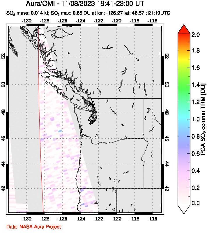 A sulfur dioxide image over Cascade Range, USA on Nov 08, 2023.