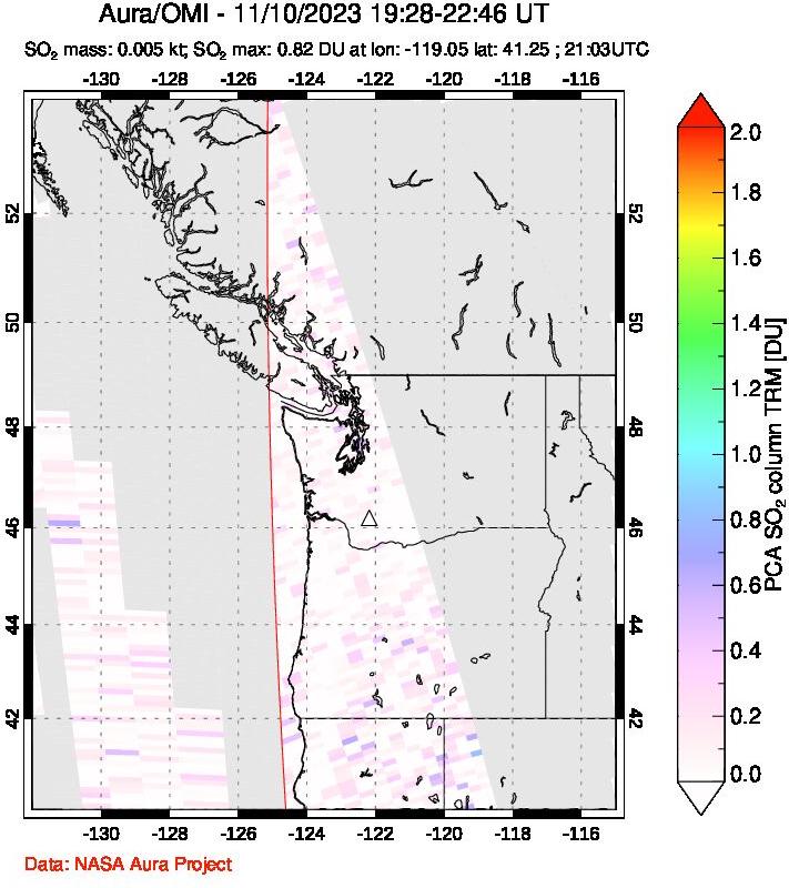 A sulfur dioxide image over Cascade Range, USA on Nov 10, 2023.