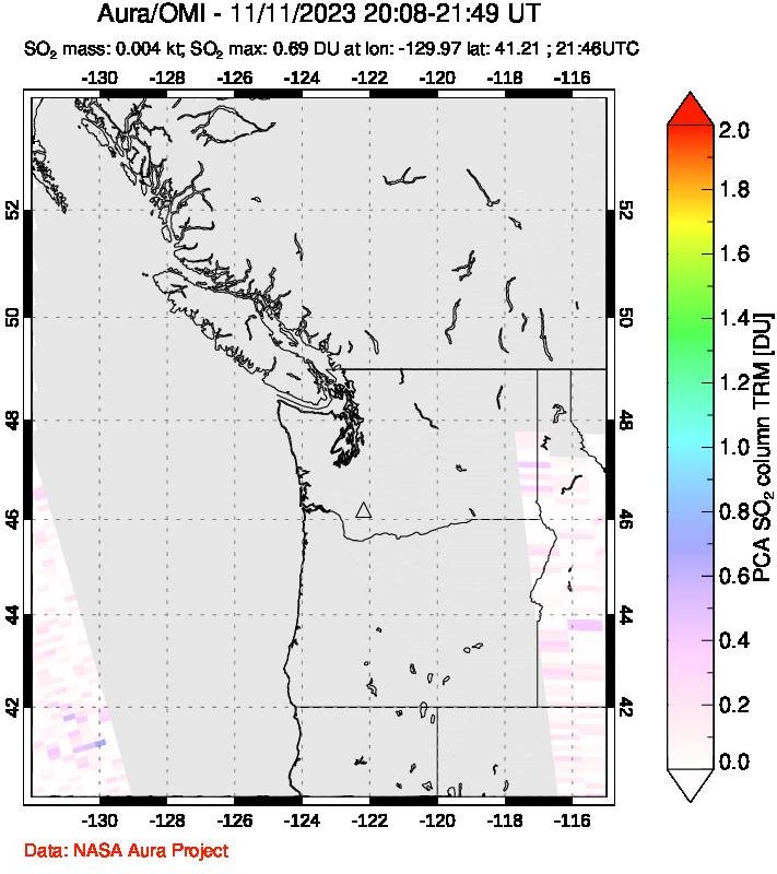 A sulfur dioxide image over Cascade Range, USA on Nov 11, 2023.