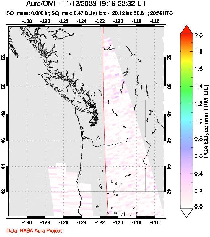 A sulfur dioxide image over Cascade Range, USA on Nov 12, 2023.