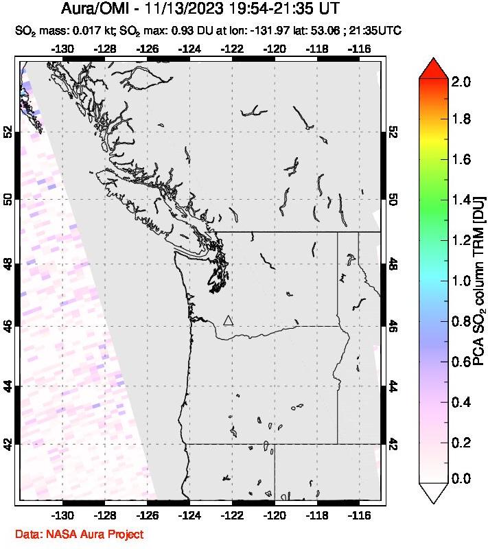 A sulfur dioxide image over Cascade Range, USA on Nov 13, 2023.