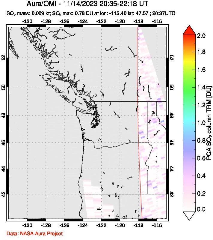 A sulfur dioxide image over Cascade Range, USA on Nov 14, 2023.