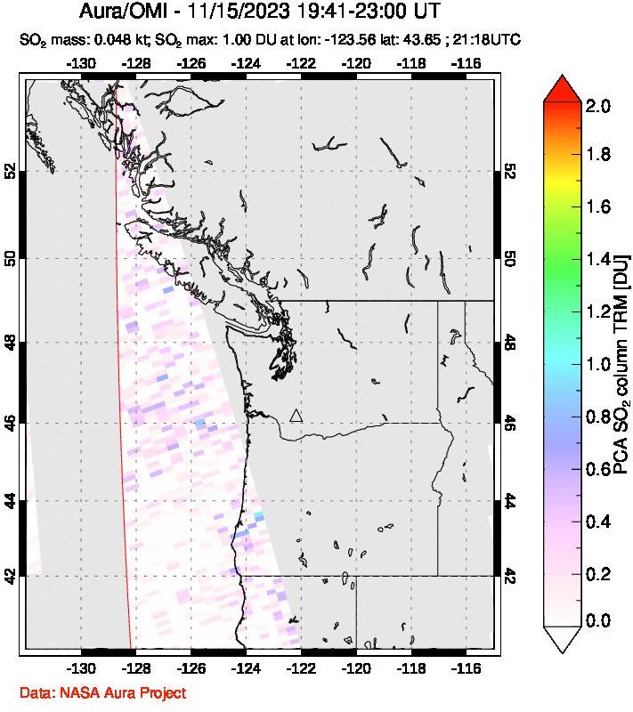 A sulfur dioxide image over Cascade Range, USA on Nov 15, 2023.