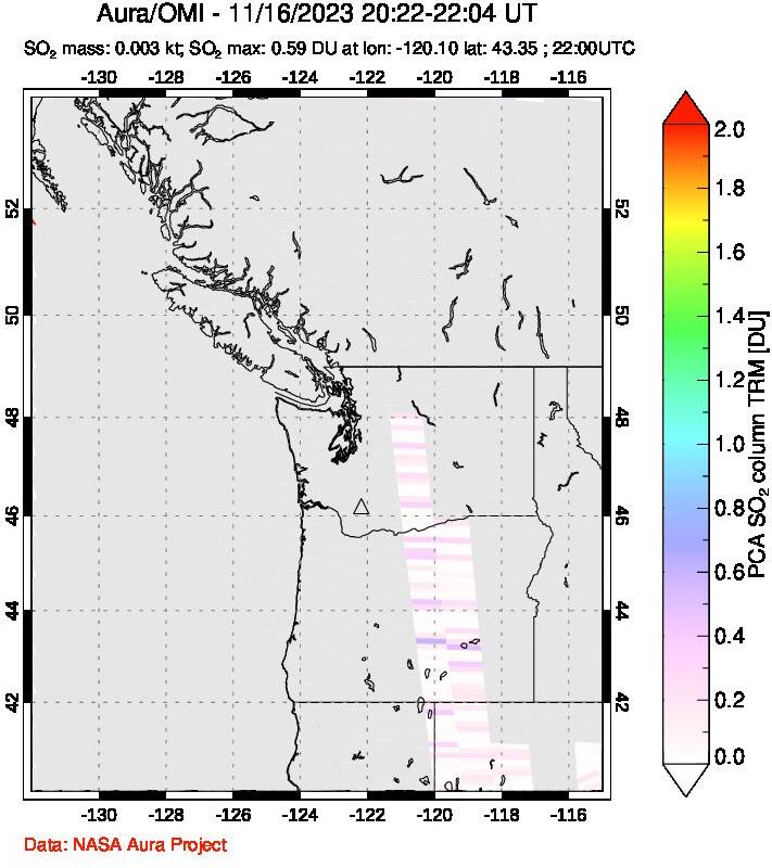 A sulfur dioxide image over Cascade Range, USA on Nov 16, 2023.