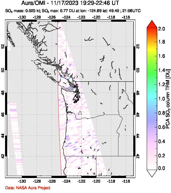 A sulfur dioxide image over Cascade Range, USA on Nov 17, 2023.