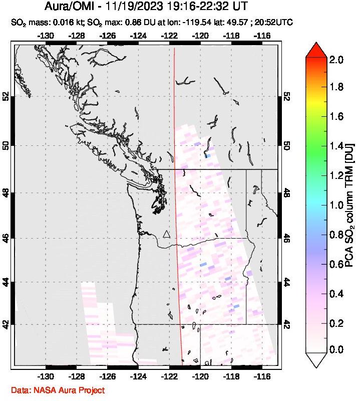 A sulfur dioxide image over Cascade Range, USA on Nov 19, 2023.