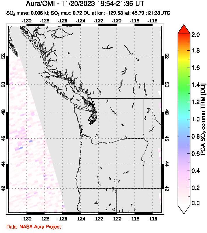 A sulfur dioxide image over Cascade Range, USA on Nov 20, 2023.