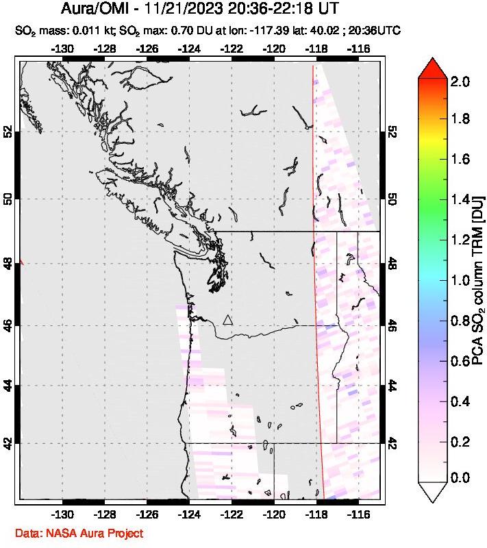 A sulfur dioxide image over Cascade Range, USA on Nov 21, 2023.