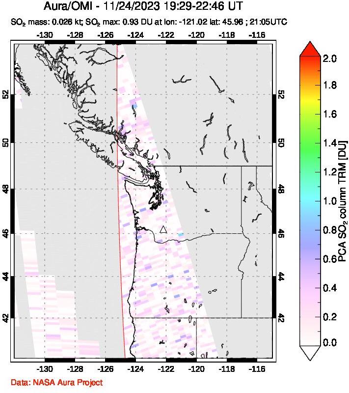 A sulfur dioxide image over Cascade Range, USA on Nov 24, 2023.