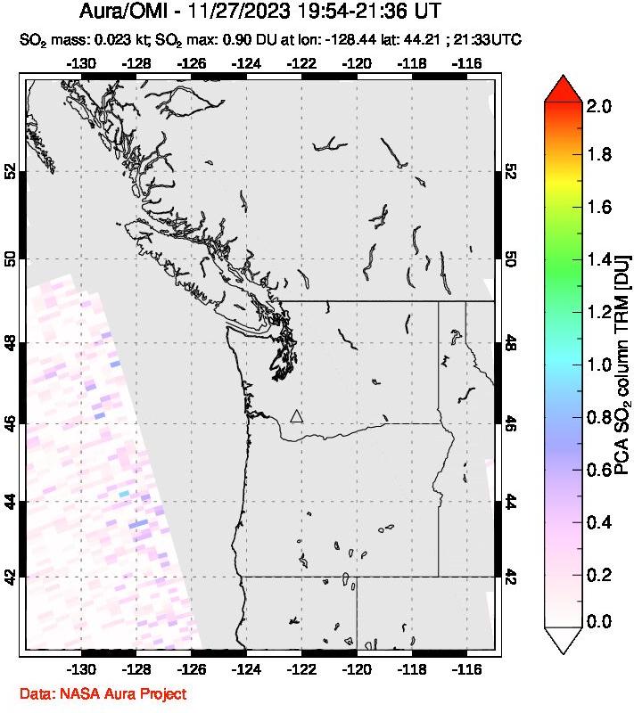 A sulfur dioxide image over Cascade Range, USA on Nov 27, 2023.