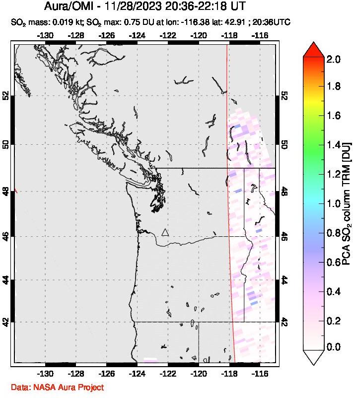 A sulfur dioxide image over Cascade Range, USA on Nov 28, 2023.