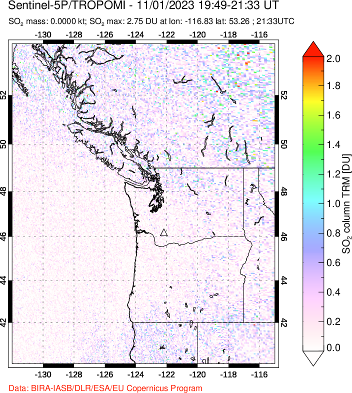 A sulfur dioxide image over Cascade Range, USA on Nov 01, 2023.