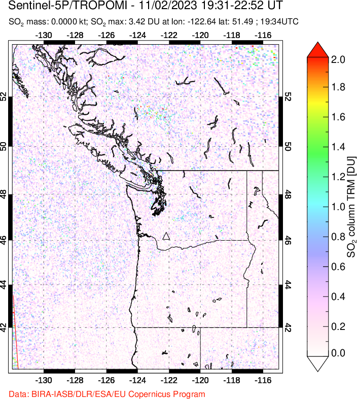 A sulfur dioxide image over Cascade Range, USA on Nov 02, 2023.