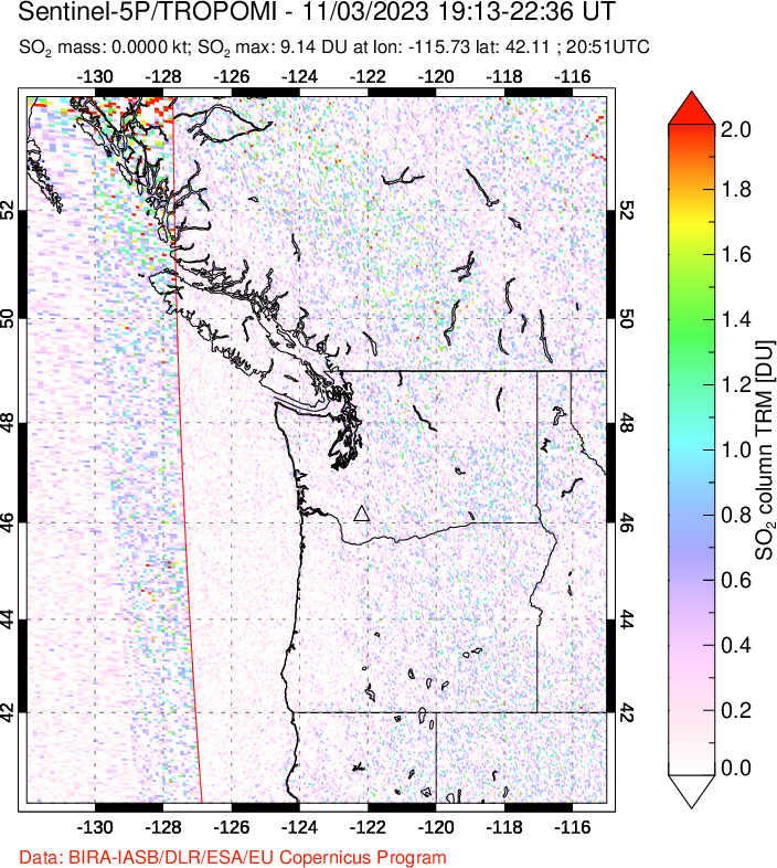 A sulfur dioxide image over Cascade Range, USA on Nov 03, 2023.