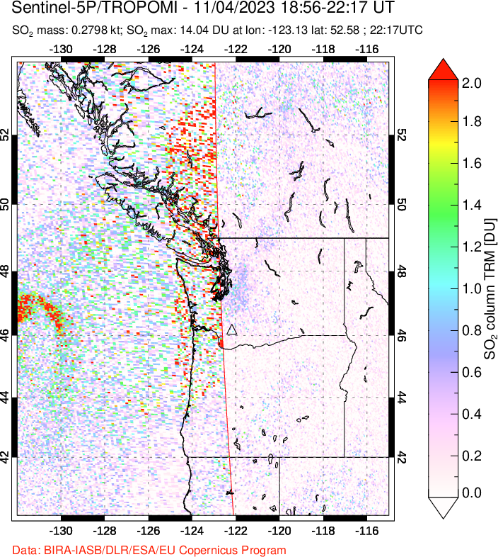 A sulfur dioxide image over Cascade Range, USA on Nov 04, 2023.