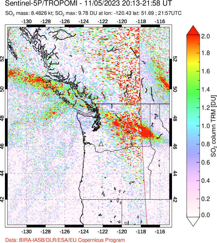 A sulfur dioxide image over Cascade Range, USA on Nov 05, 2023.