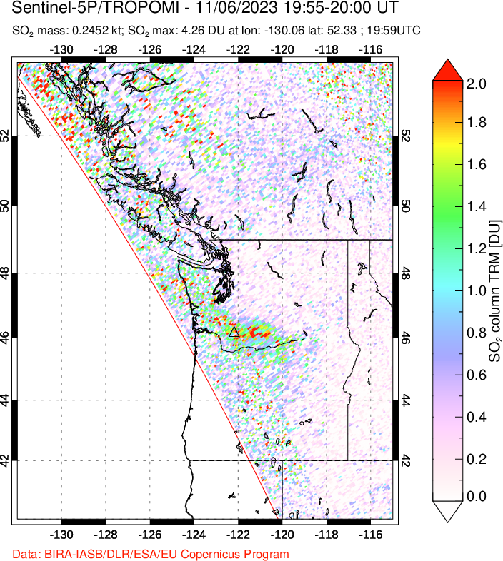 A sulfur dioxide image over Cascade Range, USA on Nov 06, 2023.