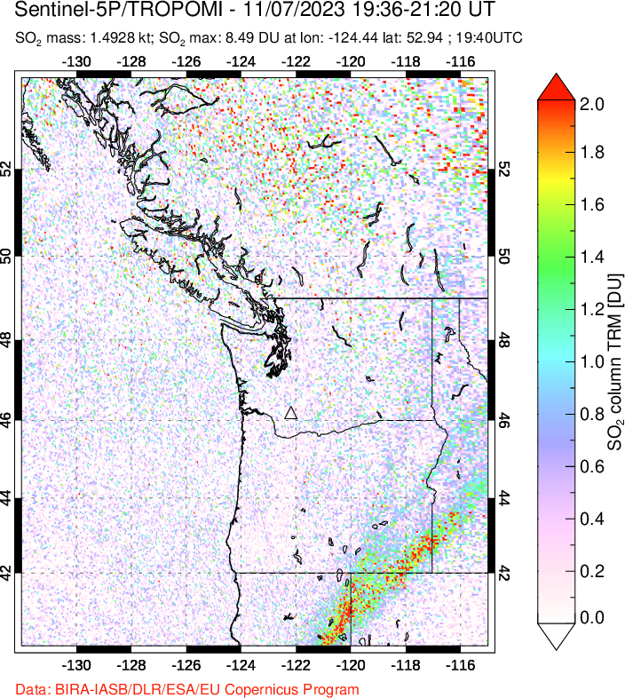 A sulfur dioxide image over Cascade Range, USA on Nov 07, 2023.