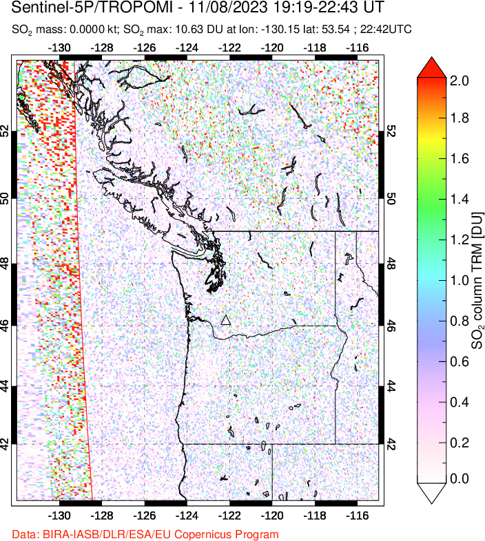 A sulfur dioxide image over Cascade Range, USA on Nov 08, 2023.