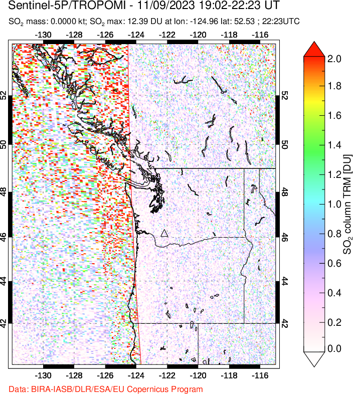 A sulfur dioxide image over Cascade Range, USA on Nov 09, 2023.