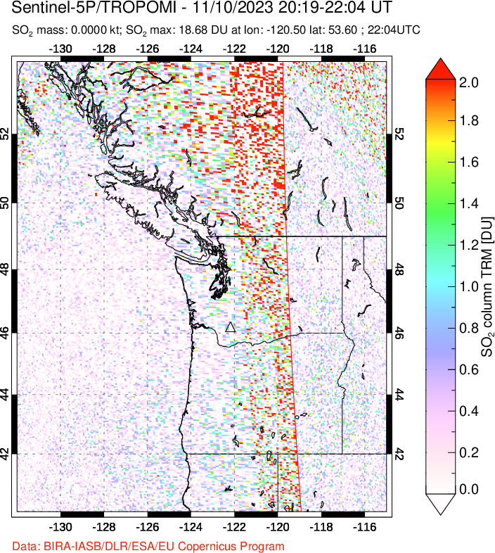 A sulfur dioxide image over Cascade Range, USA on Nov 10, 2023.