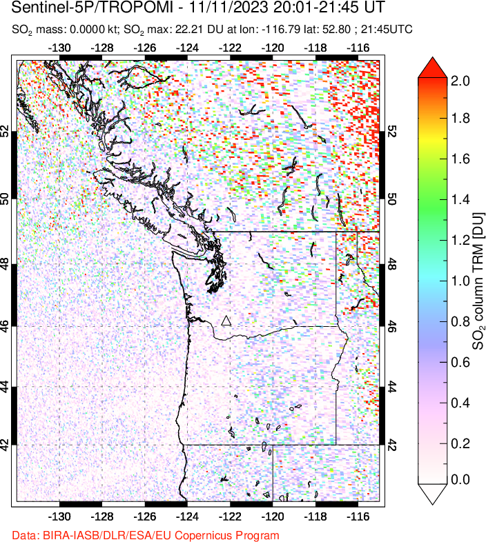 A sulfur dioxide image over Cascade Range, USA on Nov 11, 2023.