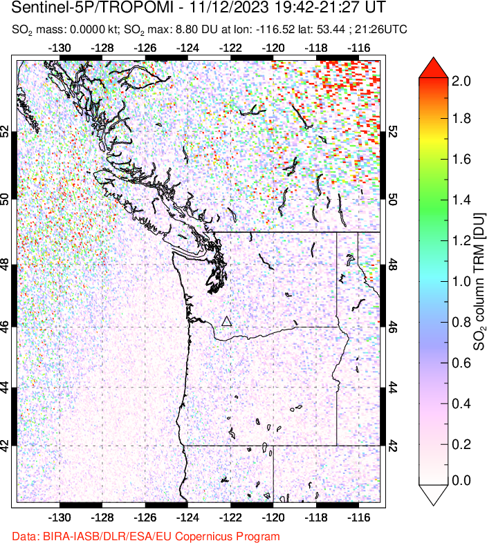 A sulfur dioxide image over Cascade Range, USA on Nov 12, 2023.