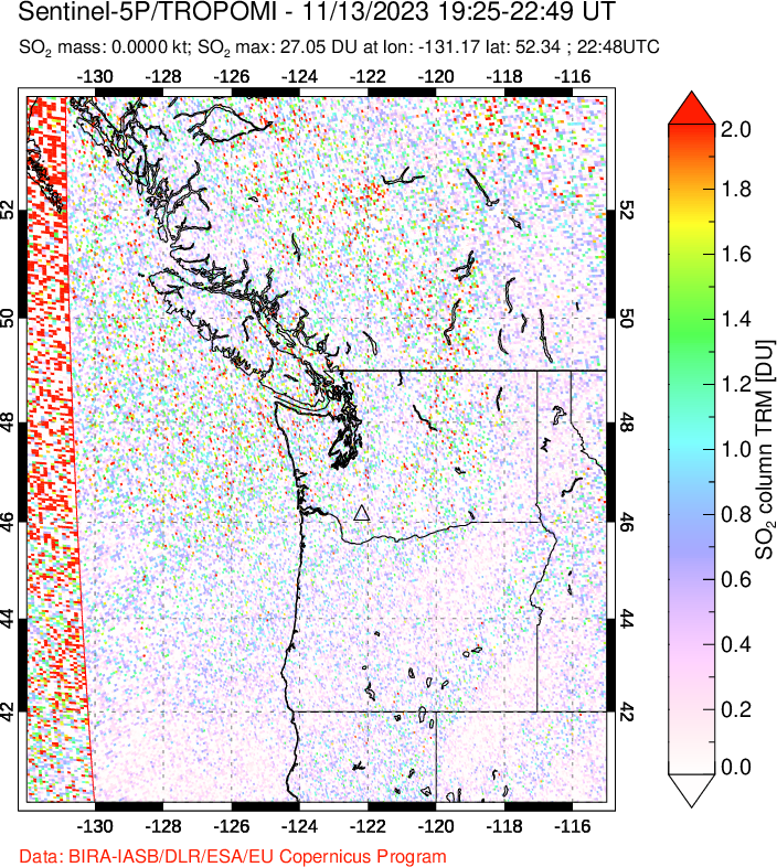 A sulfur dioxide image over Cascade Range, USA on Nov 13, 2023.