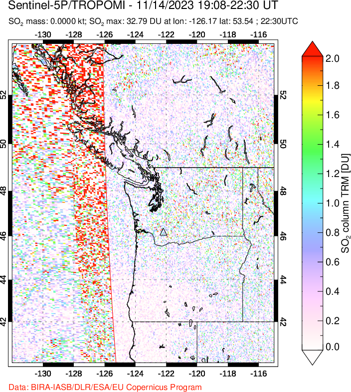 A sulfur dioxide image over Cascade Range, USA on Nov 14, 2023.