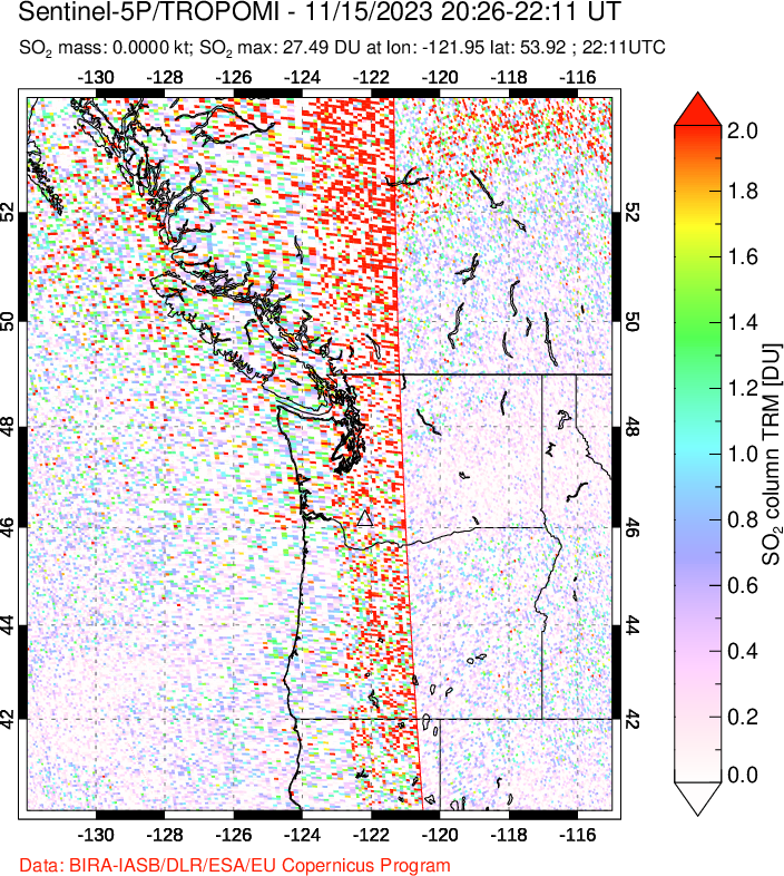 A sulfur dioxide image over Cascade Range, USA on Nov 15, 2023.