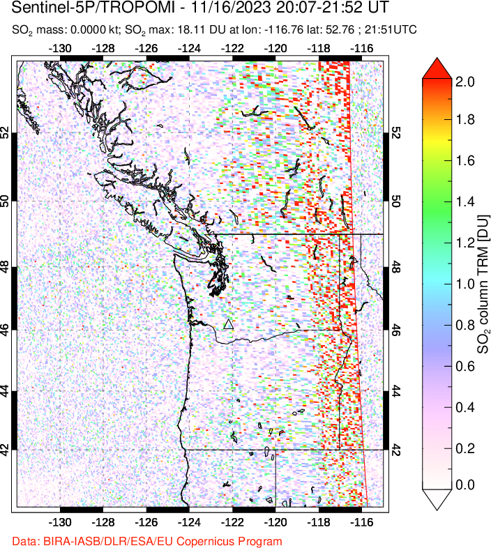 A sulfur dioxide image over Cascade Range, USA on Nov 16, 2023.