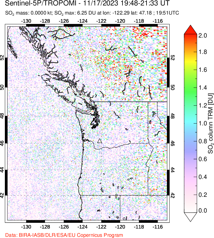 A sulfur dioxide image over Cascade Range, USA on Nov 17, 2023.