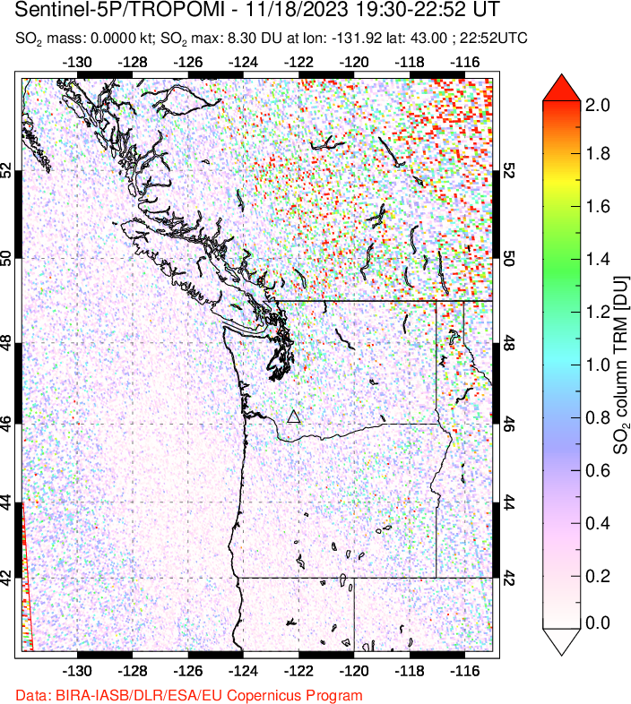 A sulfur dioxide image over Cascade Range, USA on Nov 18, 2023.