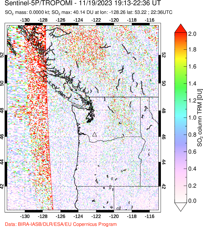 A sulfur dioxide image over Cascade Range, USA on Nov 19, 2023.