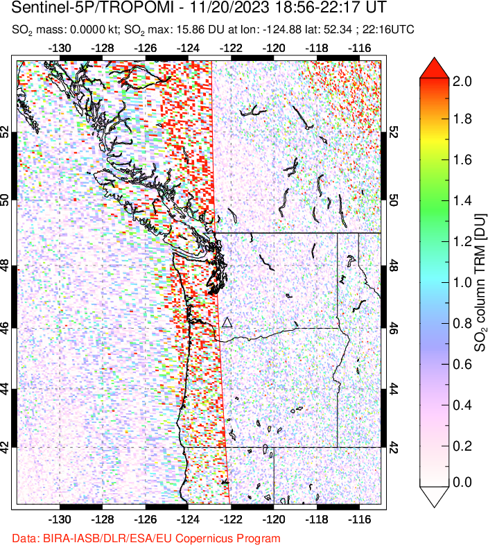 A sulfur dioxide image over Cascade Range, USA on Nov 20, 2023.