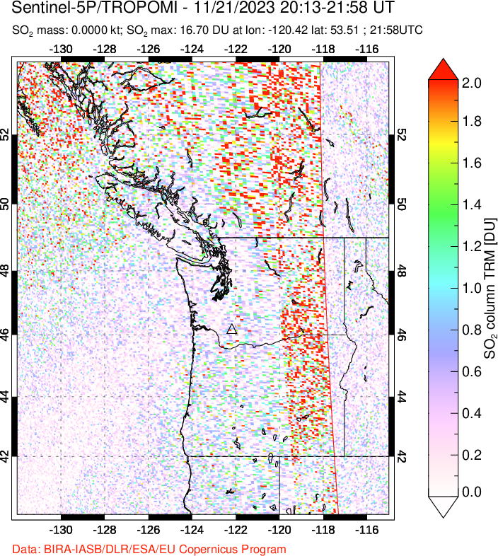 A sulfur dioxide image over Cascade Range, USA on Nov 21, 2023.