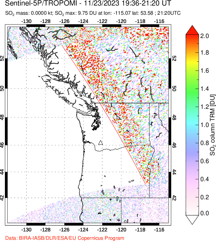 A sulfur dioxide image over Cascade Range, USA on Nov 23, 2023.