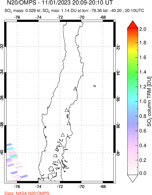 A sulfur dioxide image over Central Chile on Nov 01, 2023.